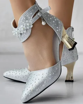 RYAMAG Ankle Buckle Pearl Bedazzled Shoes