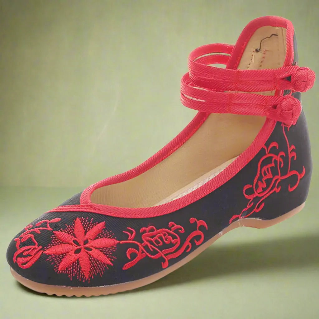 Vintage Double Strap Embroidered Ballet Shoes