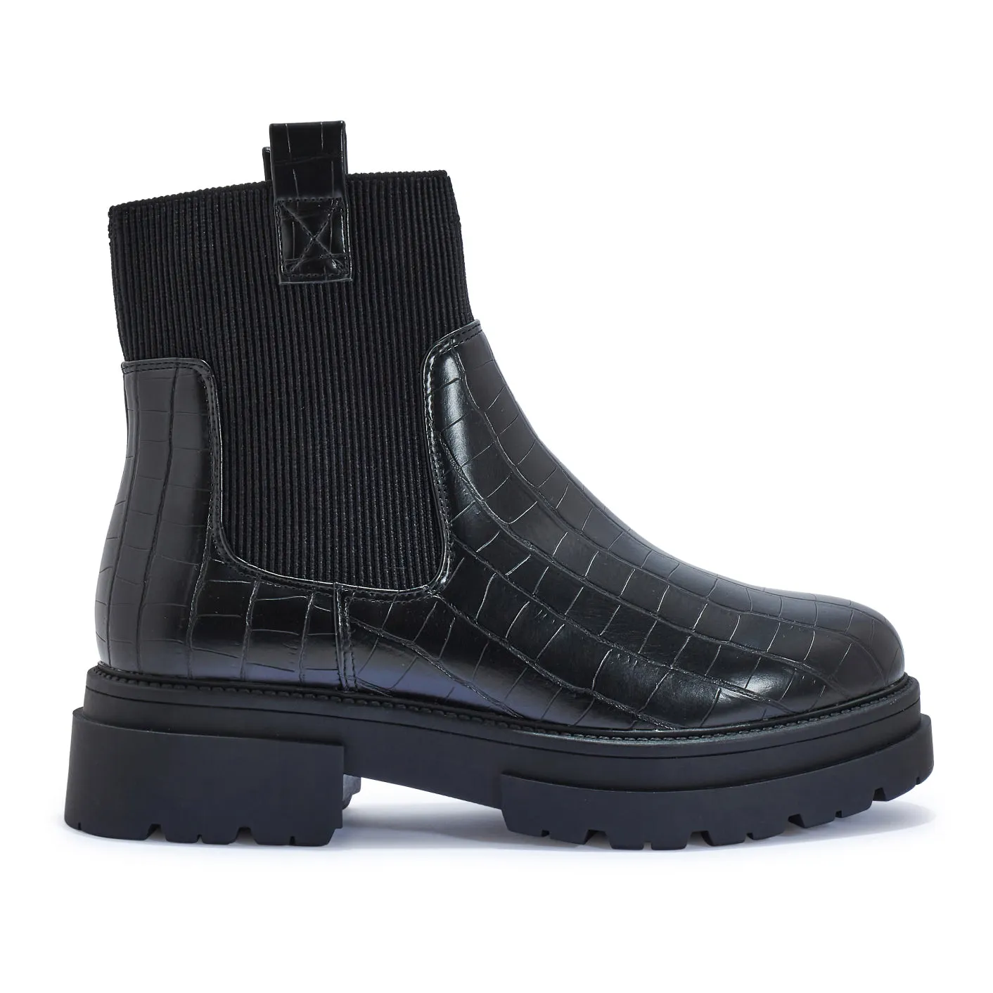 WFPERTH51 CHUNKY FAUX  LEATHER FLAT BOOTS IN BLACK CROC
