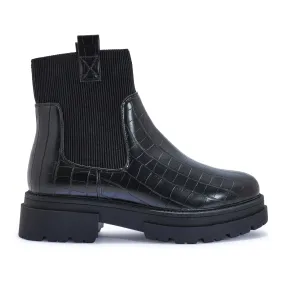 WFPERTH51 CHUNKY FAUX  LEATHER FLAT BOOTS IN BLACK CROC