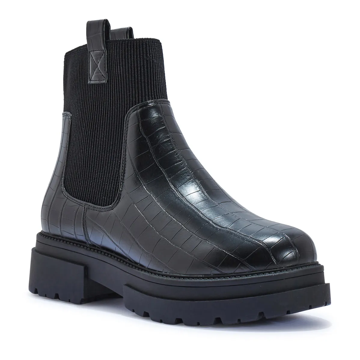 WFPERTH51 CHUNKY FAUX  LEATHER FLAT BOOTS IN BLACK CROC