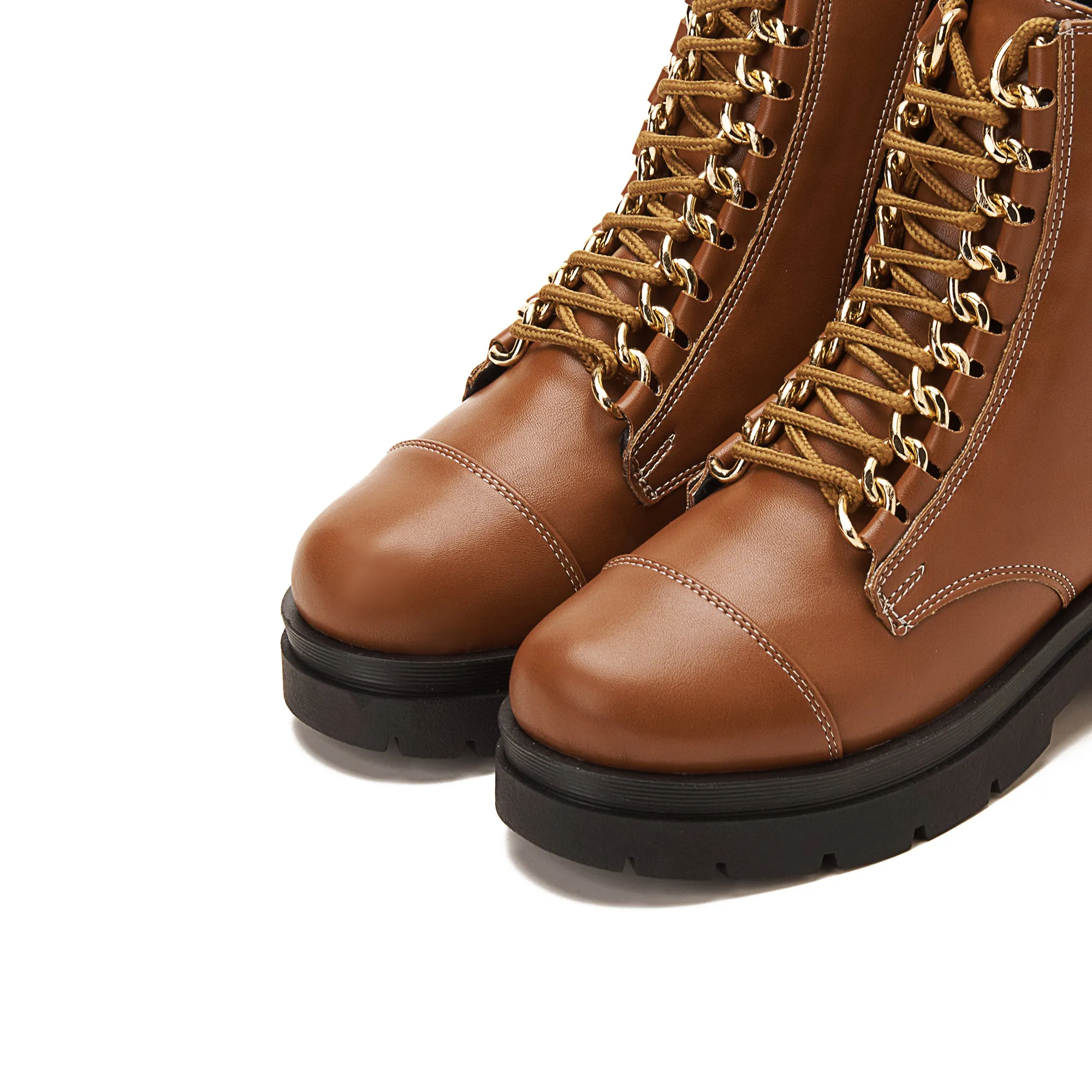 Women Chunky Lace Up Boots With Golden Accessory - Havana