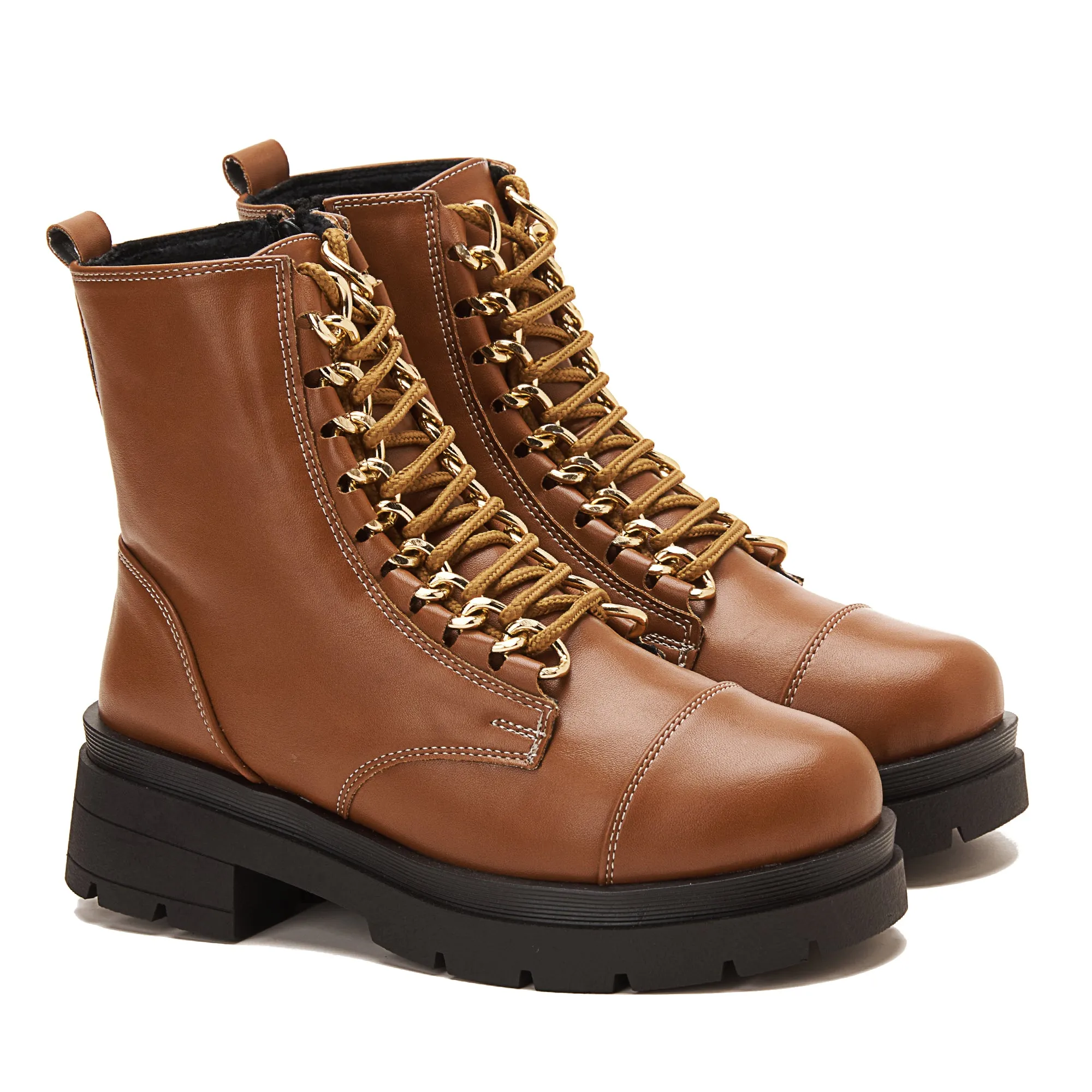 Women Chunky Lace Up Boots With Golden Accessory - Havana