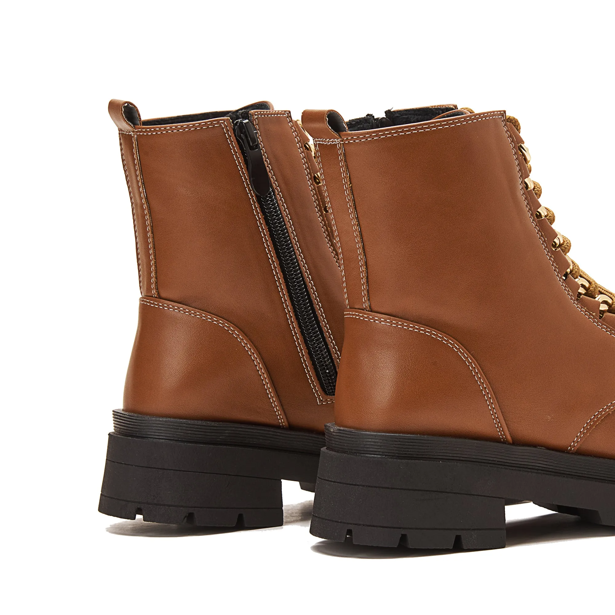 Women Chunky Lace Up Boots With Golden Accessory - Havana