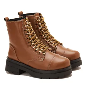 Women Chunky Lace Up Boots With Golden Accessory - Havana