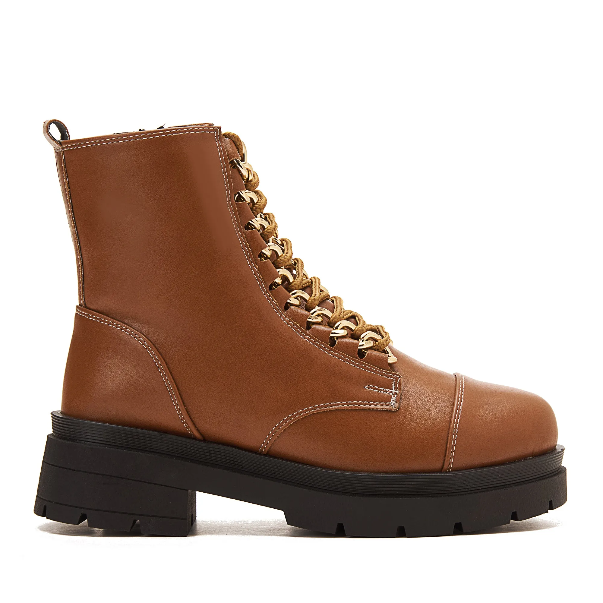 Women Chunky Lace Up Boots With Golden Accessory - Havana