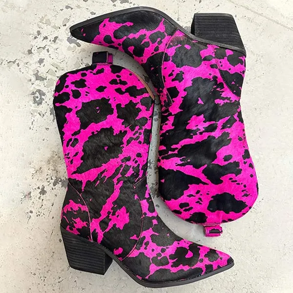 Women's Chunky Heel Pointed Toe Cow Print Cowboy Boots 78851198C