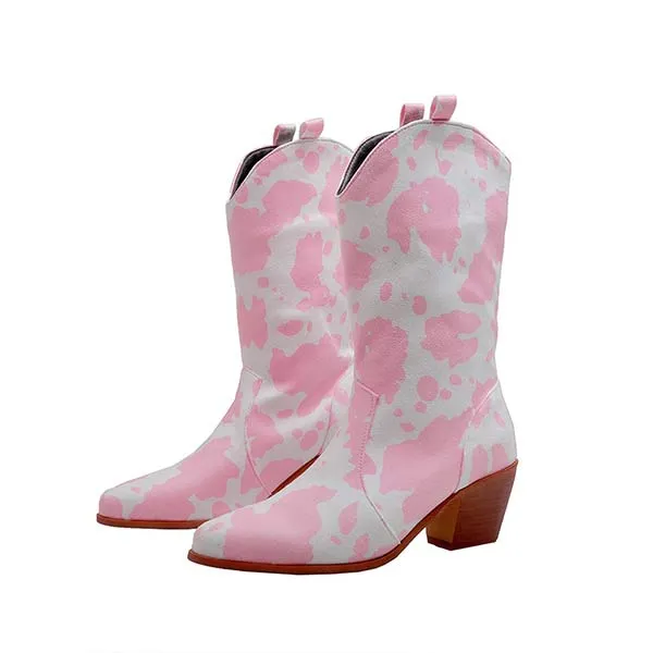 Women's Chunky Heel Pointed Toe Cow Print Cowboy Boots 78851198C