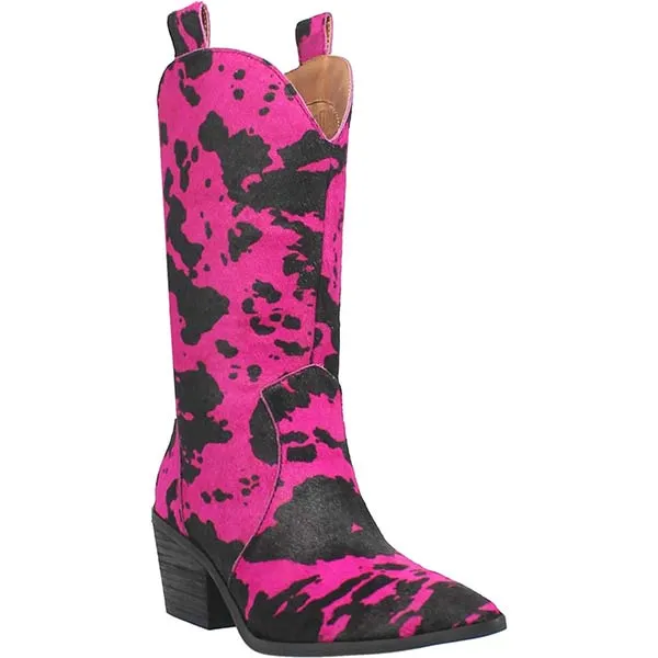 Women's Chunky Heel Pointed Toe Cow Print Cowboy Boots 78851198C