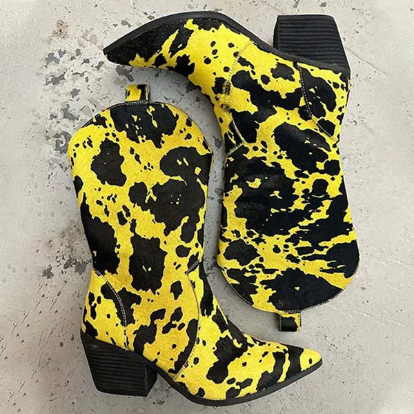 Women's Chunky Heel Pointed Toe Cow Print Cowboy Boots 78851198C