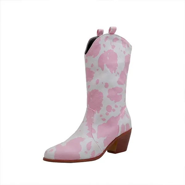 Women's Chunky Heel Pointed Toe Cow Print Cowboy Boots 78851198C